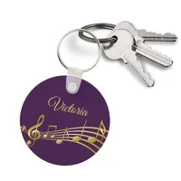 Purple gold music notes monogram name keychain