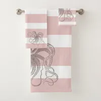 Chic Vintage Octopus on Nautical Pink Stripes Bath Towel Set