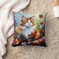 Cute Whimsical  Cat, Flowers and Butterflies Throw Pillow