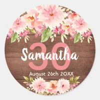 30th birthday party coral dahlia flowers brown classic round sticker