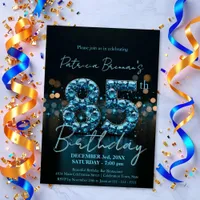 Elegant Sapphire Blue and Black 85th Birthday Invitation