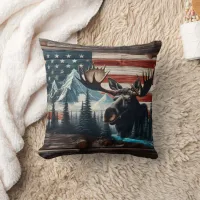 Moose Head Against American Flag and Mountains Throw Pillow