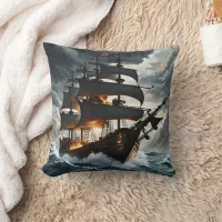 Pirate Ship Battling Stormy Seas at Dusk Throw Pillow