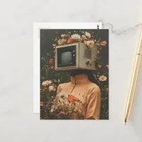 Unique Surreal Woman with TV head and flowers  Postcard