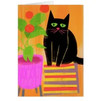 Adorable Black Cat With Houseplants Blank Inside 
