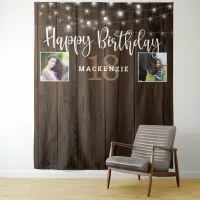 Rustic String Lights Wood Any Year Birthday Photo Tapestry