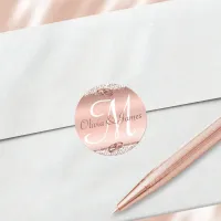 Elegant Monogram Wedding Rose Gold Classic Round Sticker