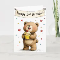 Cute Whimsical Teddy Bear Happy Third Birthday Card