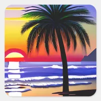 Sunset and Palm Tree Beachy ARt Square Sticker