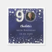 90th birthday navy blue silver stars photo napkins