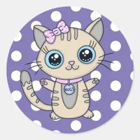 Cute Gray Kitty Cat purple Polka Dot personalized Classic Round Sticker