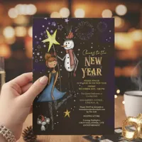 Whimsical Snowman & Starry Night New Year's Eve Invitation