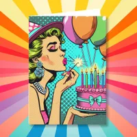 Retro Pop Art Woman Holding a Cake Happy Birthday  Card