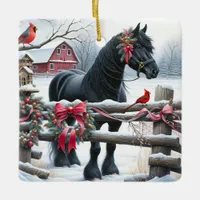 Festive Black Horse and Cardinal Christmas Ceramic Ornament