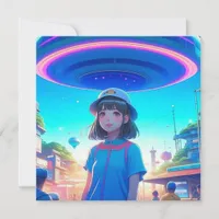 Anime Girl under a UFO in the City