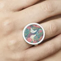 Elegant White Doves Pink Floral & Gold Geometric Ring