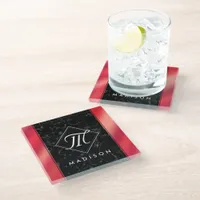 Elegant Black Marble & Rosé Red Foil Monogram Glass Coaster