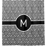 Black and White Hexagons with Monogram Geometric Shower Curtain