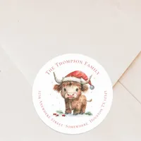 Cute Highland Cow Return Name Address Christmas Classic Round Sticker