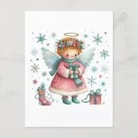 Whimsical Cute Pink and Blue Christmas Angel Postcard