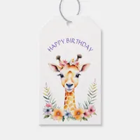 Baby Giraffe in Flowers Girl's Birthday Party Gift Tags