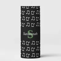 Monogrammed Music Themed Black White Musical Notes Pillar Candle