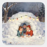 Vintage Children in Snow Fort Square Sticker