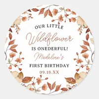 Modern Chic Wildflower Script 1st Birthday Girl  Classic Round Sticker