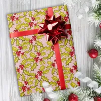 Holly and Berries on Pink Festive Whimsy Christmas Wrapping Paper