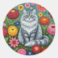 Fluffy Gray Striped Cat with Folk Art Flowers Classic Round Sticker