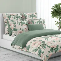 Blush Pink Peonies Sage Green Floral  Duvet Cover