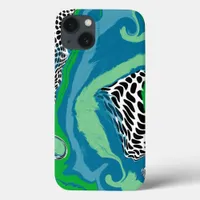 Sage Green and Blue, Black and White Dots Abstract iPhone 13 Case