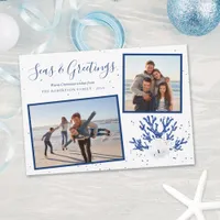 Navy Seas & Greetings Beach Christmas 2 Photo Holiday Card