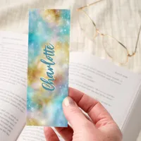 Sparkling Celestial Light Blue Gold Personalized Bookmarks