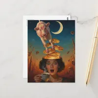 Surprised Breakfast Pancakes Coffee Pink Cow Postcard