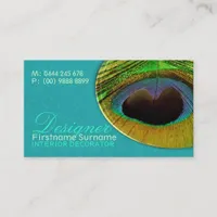 Peacock Feather Damask Aqua Designer Business Card