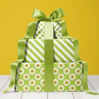 Green Daisy Floral Stripes Polka Dot Wrapping Paper Sheets