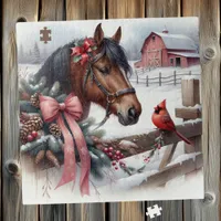 Brown Christmas Horse and Cardinal  Jigsaw Puzzle