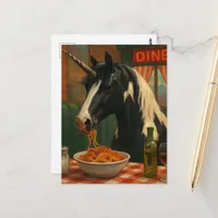 The pinto unicorn in a diner eating Spaghetti Postcard