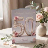 Elegant Blush Pink Pearl Rose Floral 50th Birthday Card