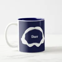 Open White Shark Jaws and Teeth on Navy Blue Two-Tone Coffee Mug