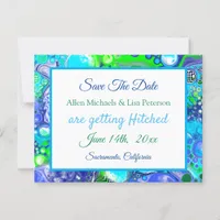 Marble Blue Green Pour Paint.Wedding Save the Date Postcard