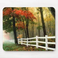 Fall Leaves and Trees White Picket Fence Mouse Pad