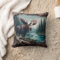 Moose by River in Forest Landscape Art Throw Pillow