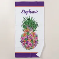 Personalized Tropical Floral Pineapple Watercolor Beach Towel