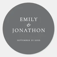 Simple Names Date White on Grey Wedding Classic Round Sticker