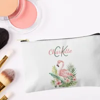 Pink flamingo tropical summer monogram accessory pouch