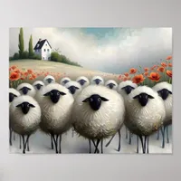 Adorable Sheep Poppy Field and a House Poster