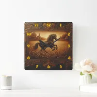 Majestic Horse Running Through Golden Fields Square Wall Clock