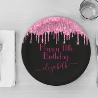 Custom Name + Age Hot Pink Dripping Glitter Black Paper Plates